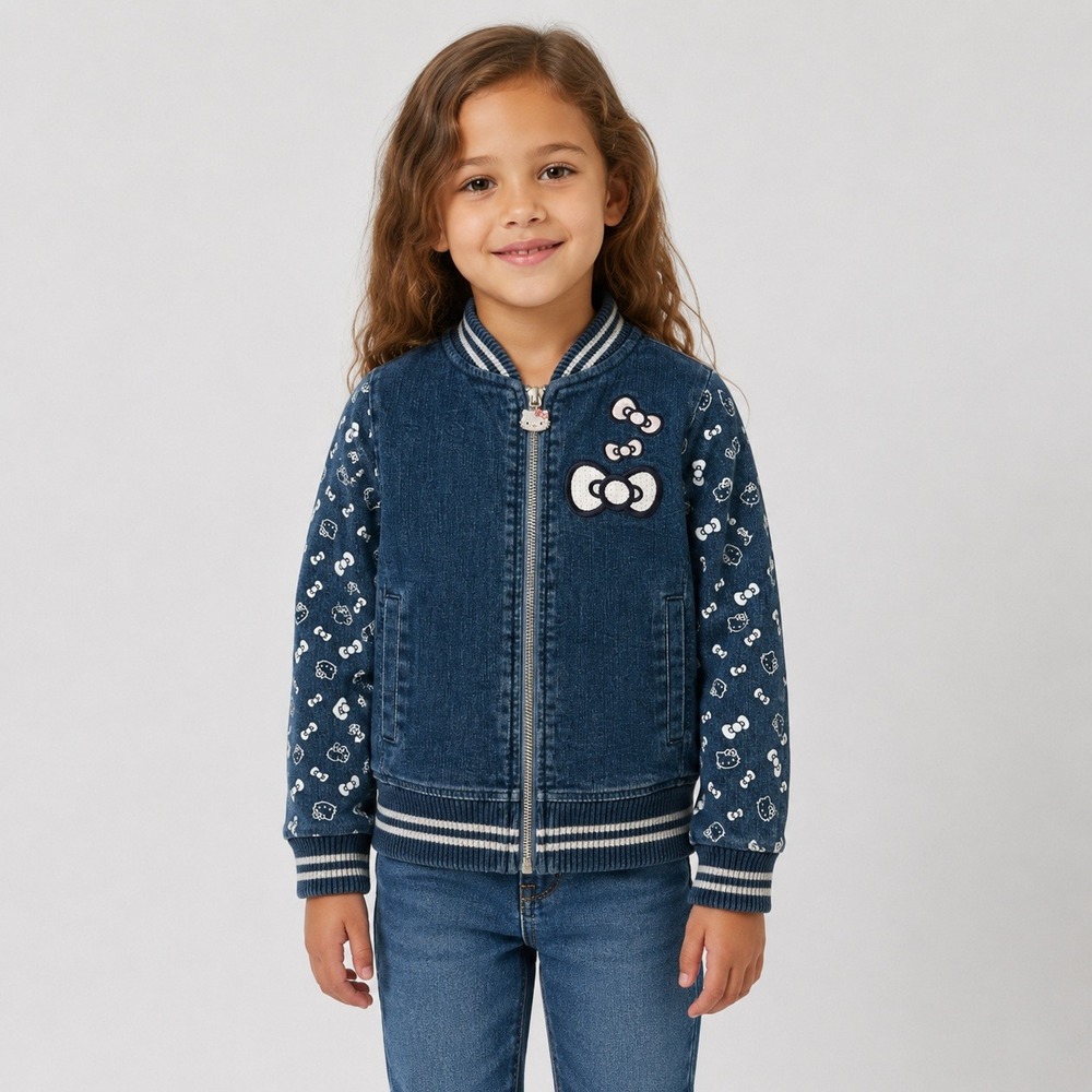 Hello Kitty Sanrio Denim Bomber Jacket Blue Sequin Bow Girls Size 5